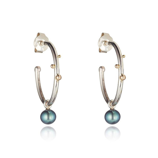 PURE Silver Hoop Earrings 18ct Gold Granulation and Peacock Freshwater Pearls